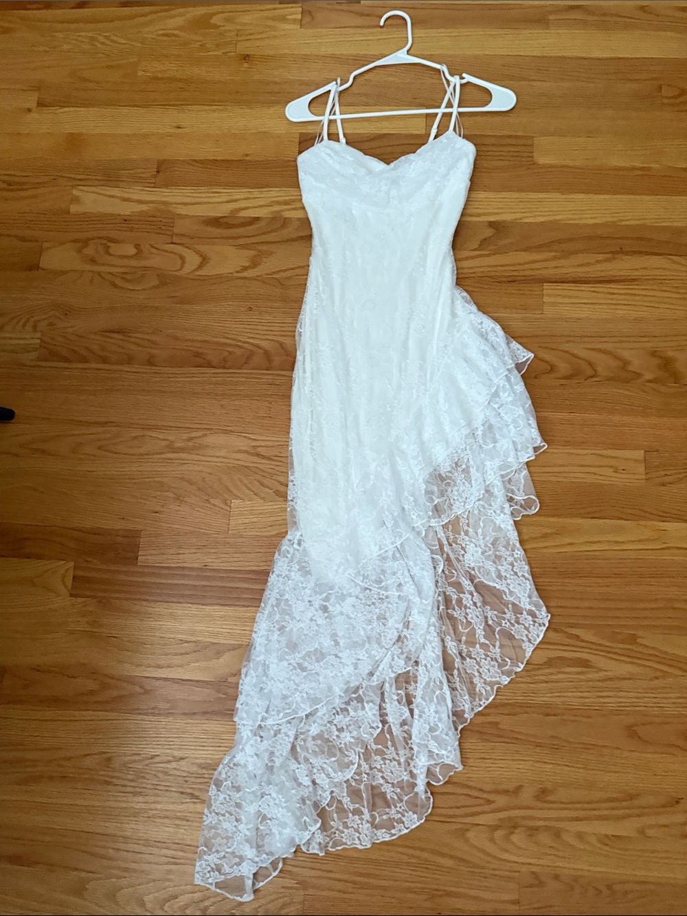 Windsor Lace Asymmetrical White Slip Dress with Spaghetti Straps